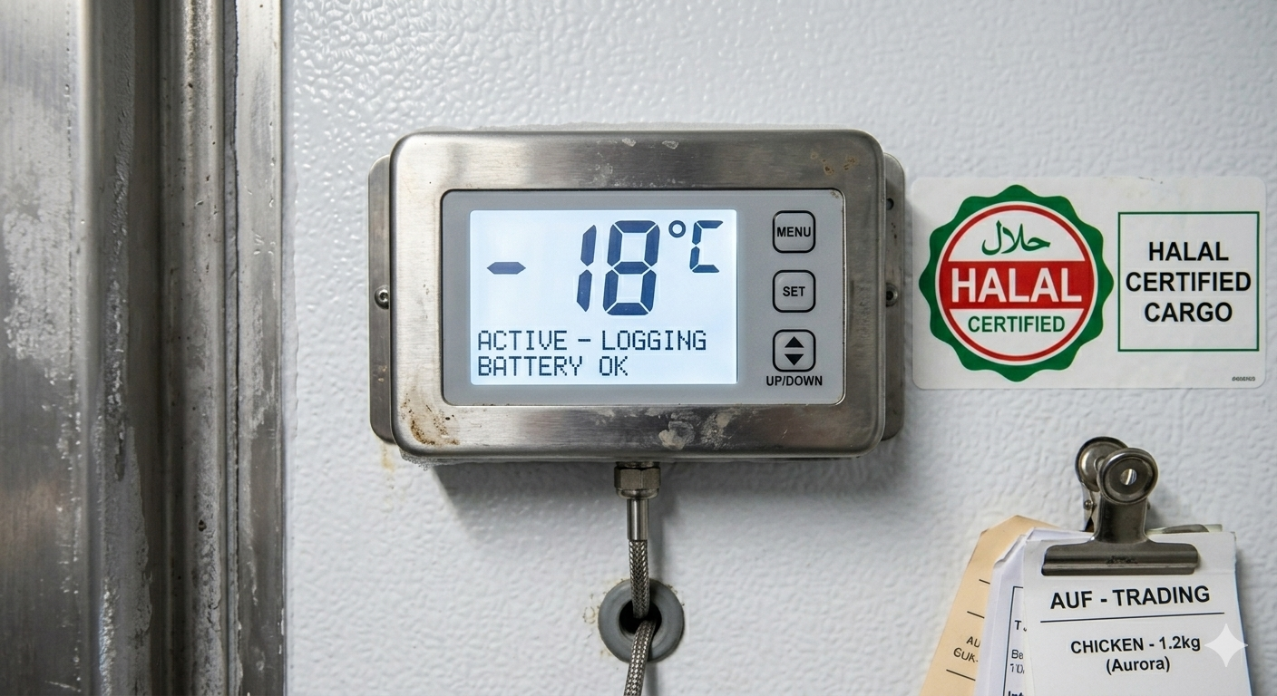 Cold-chain monitor reading -18°C · halal-certified cargo