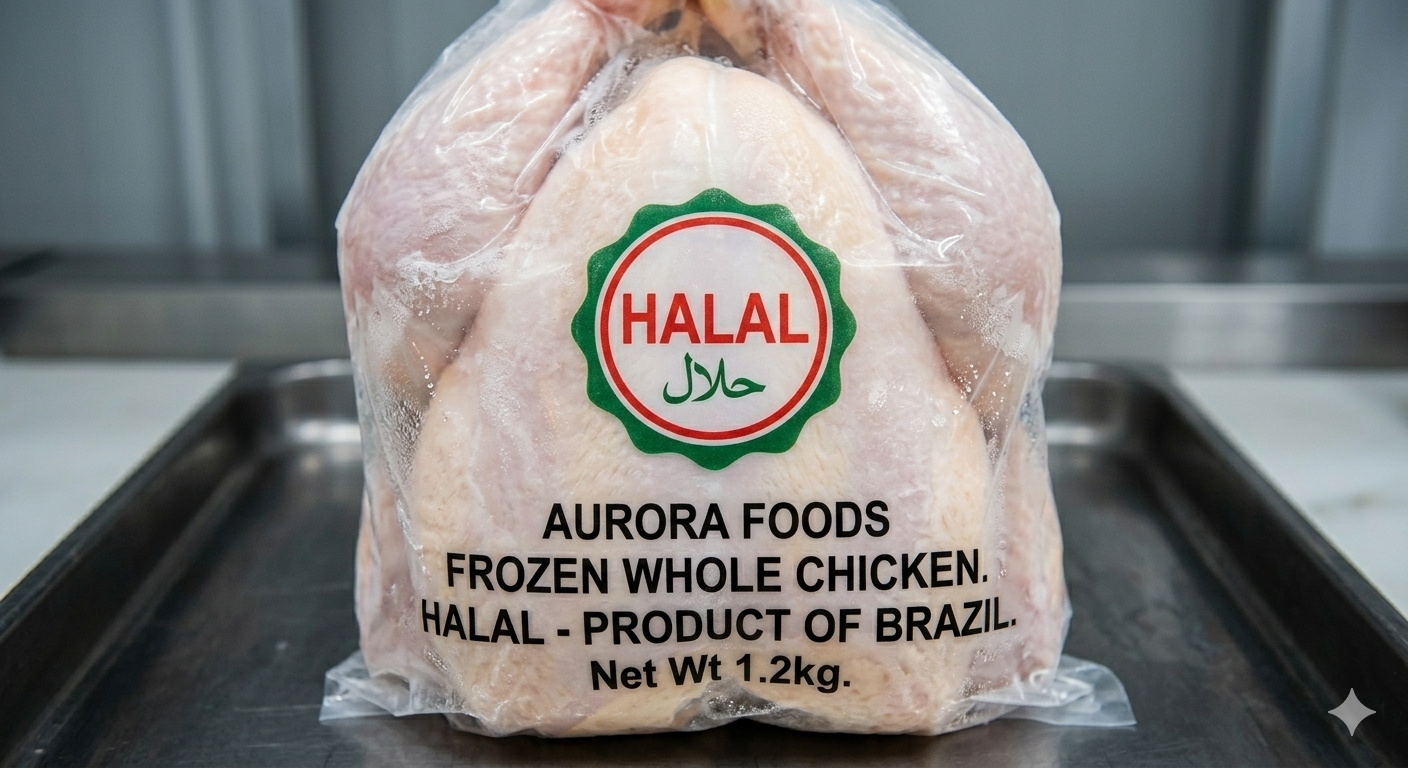 Frozen halal whole chicken · packaged · Aurora Foods · Product of Brazil